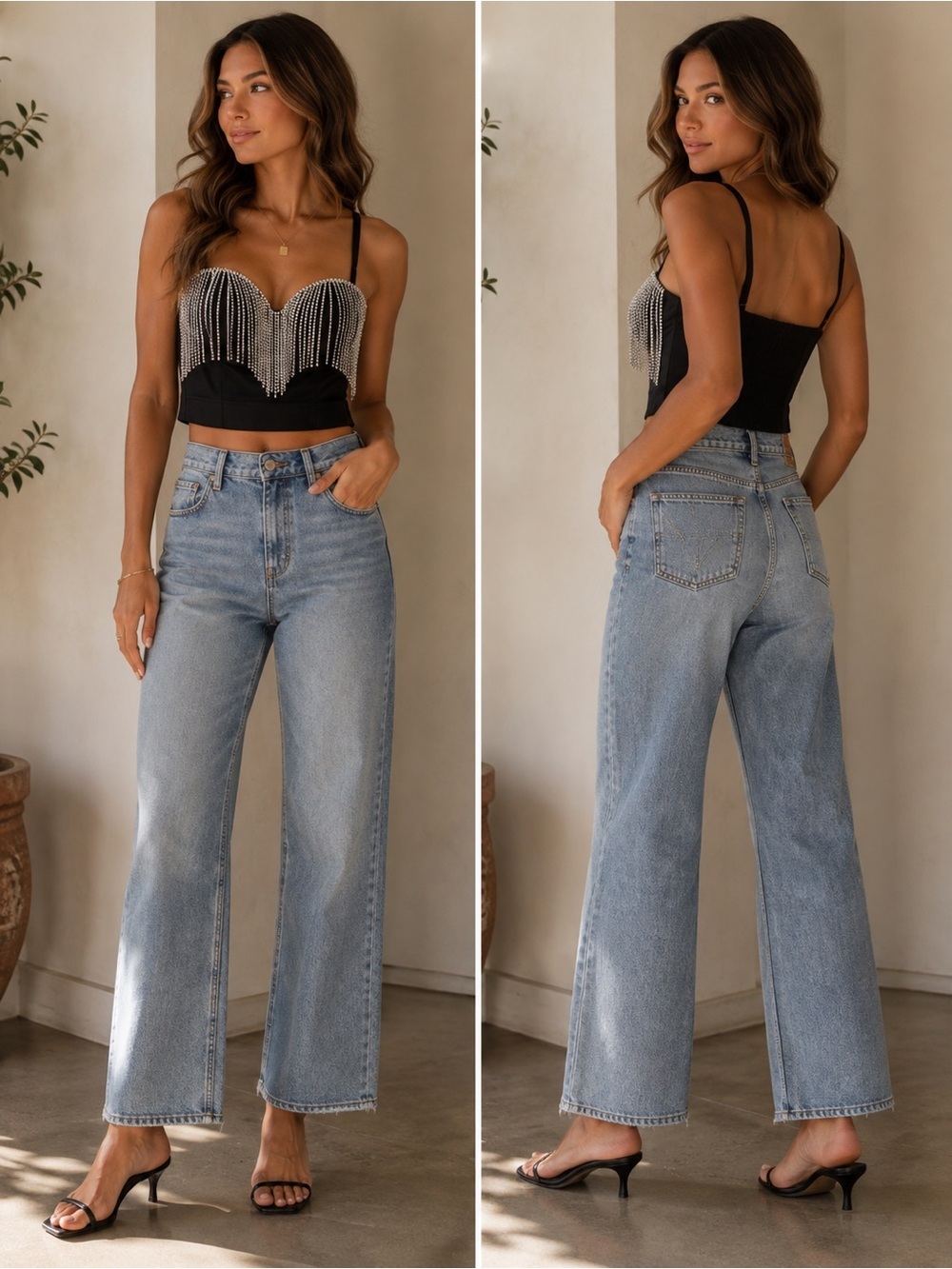 Black Rhinestone Fringe Bustier Top - Women's Statement Crop